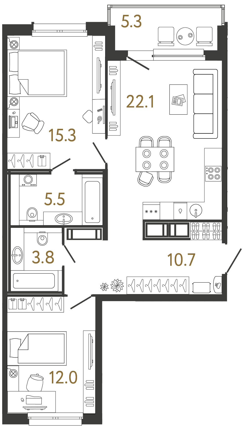 Двухкомнатная квартира 69.4 м²