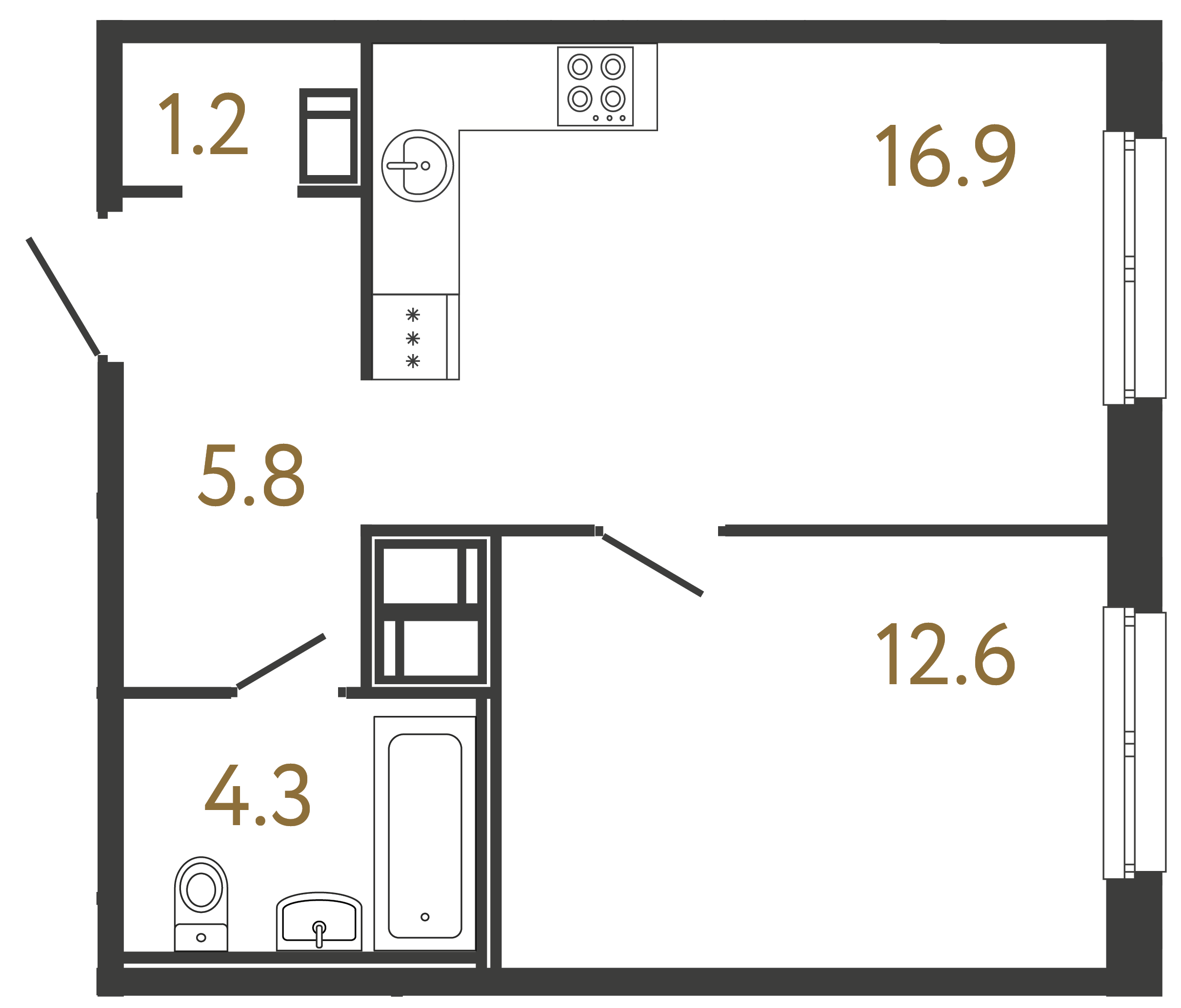 Однокомнатная квартира 40.8 м²