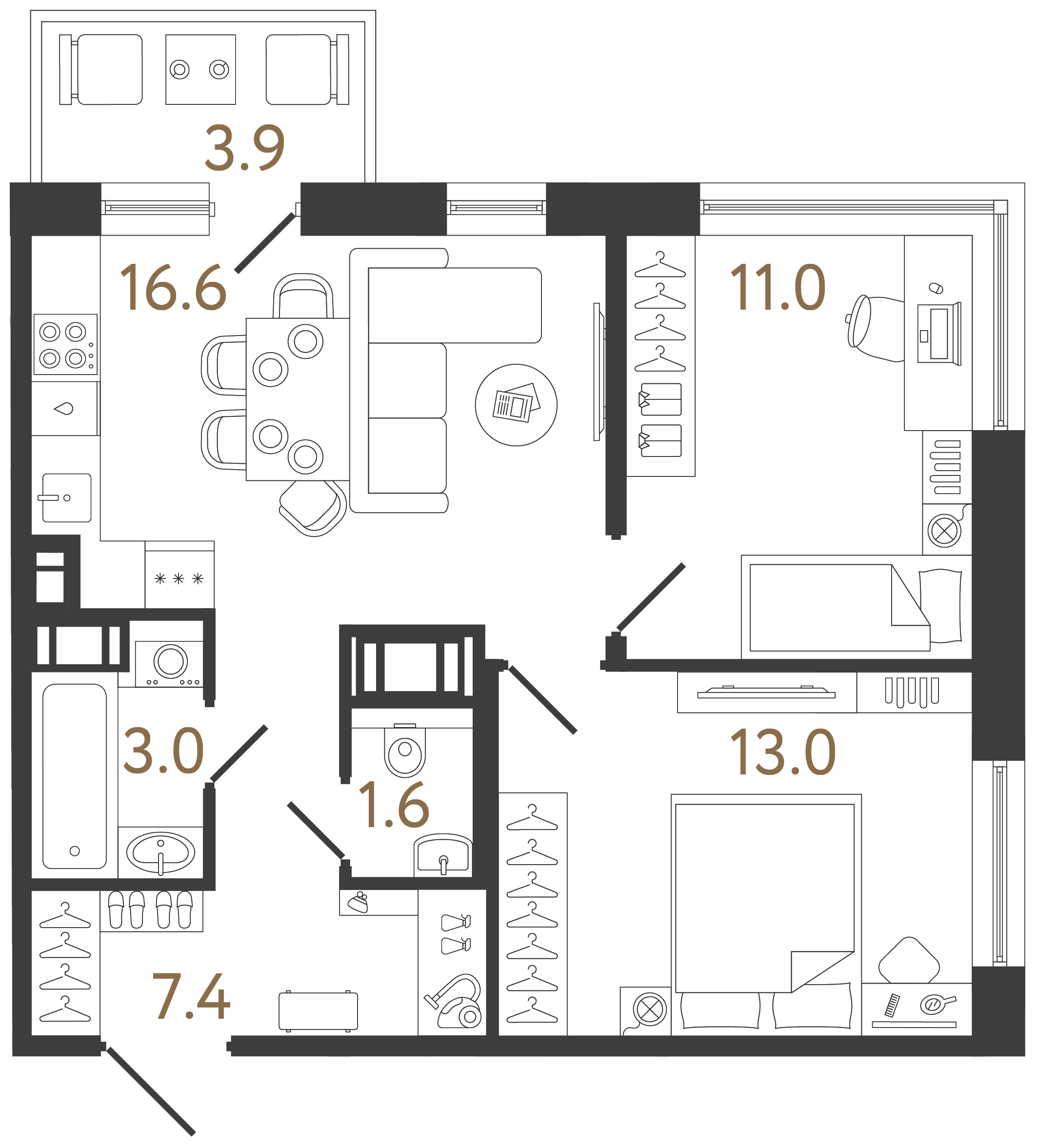 Двухкомнатная квартира 52.6 м²