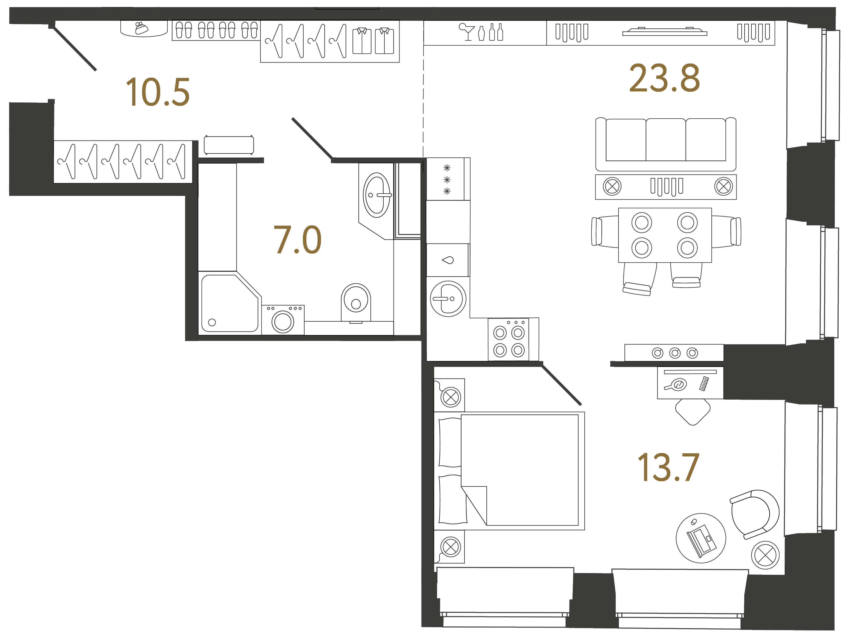 Однокомнатные апартаменты 55 м²