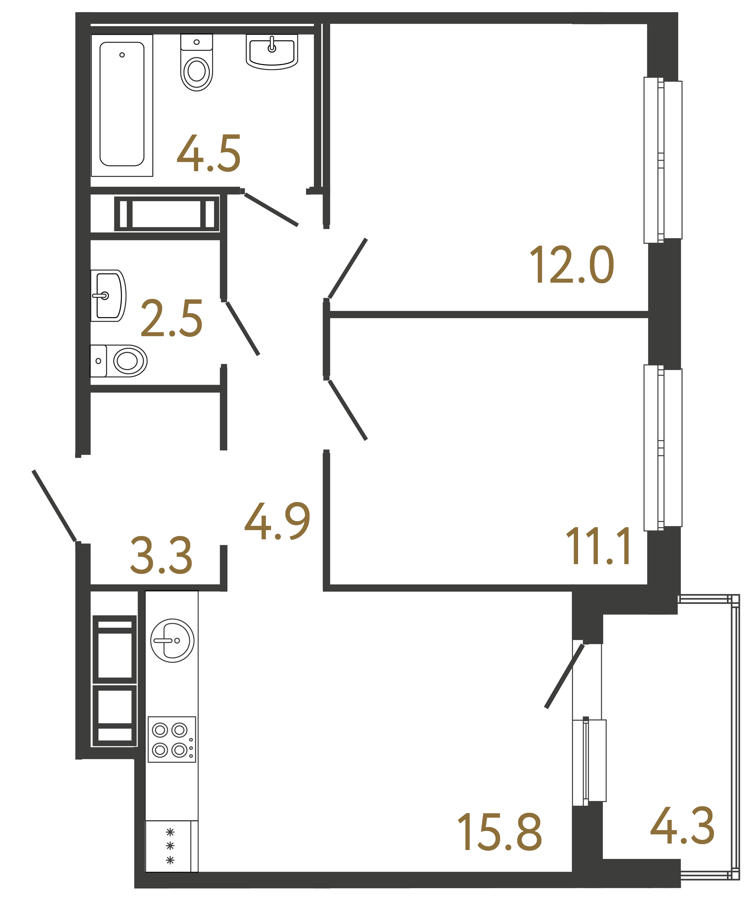 Двухкомнатная квартира 54.1 м²