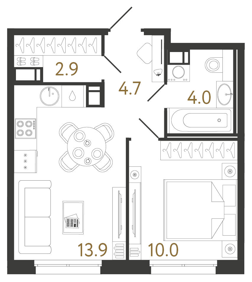 Однокомнатная квартира 35.5 м²