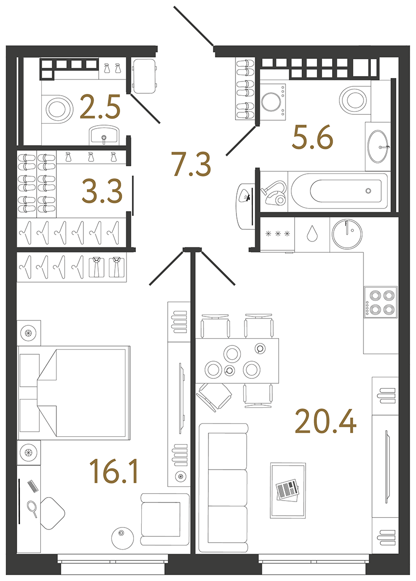 Однокомнатная квартира 55.2 м²