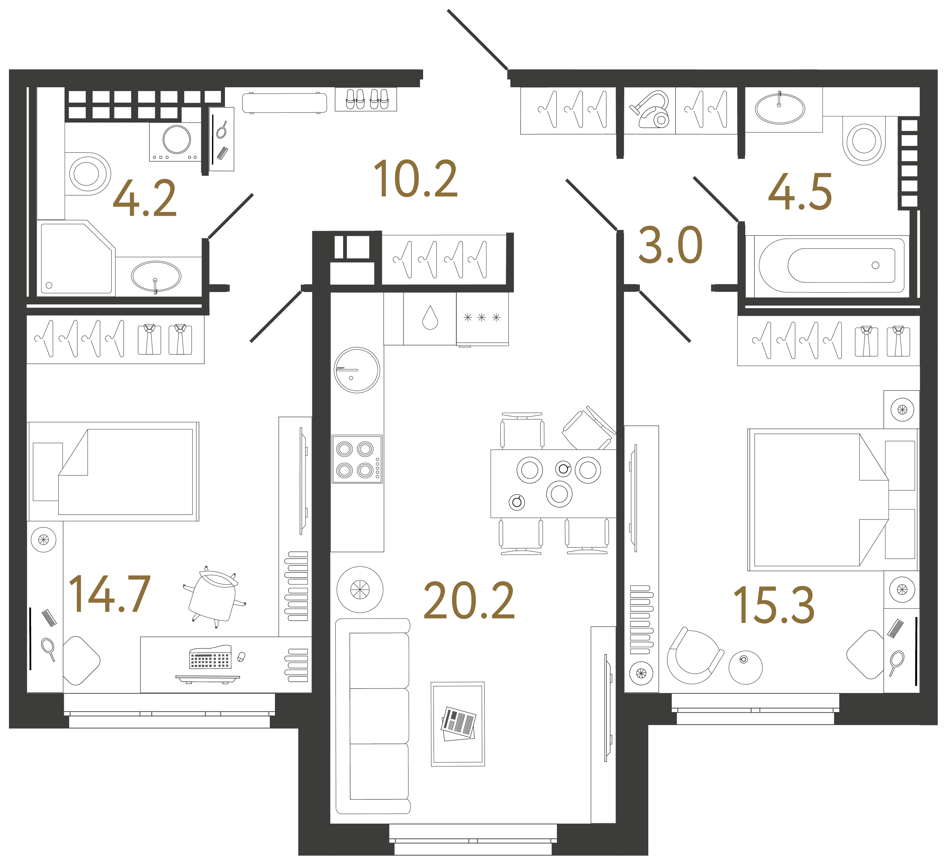 Двухкомнатная квартира 72.1 м²
