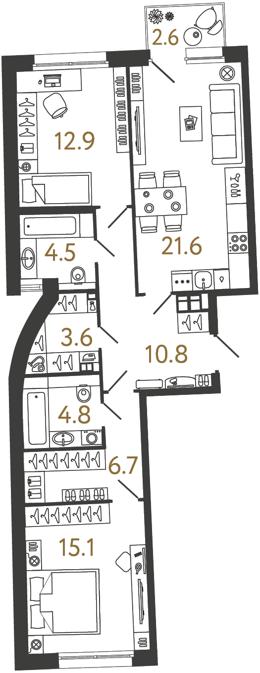 2-комнатная 80 м², 2 этаж