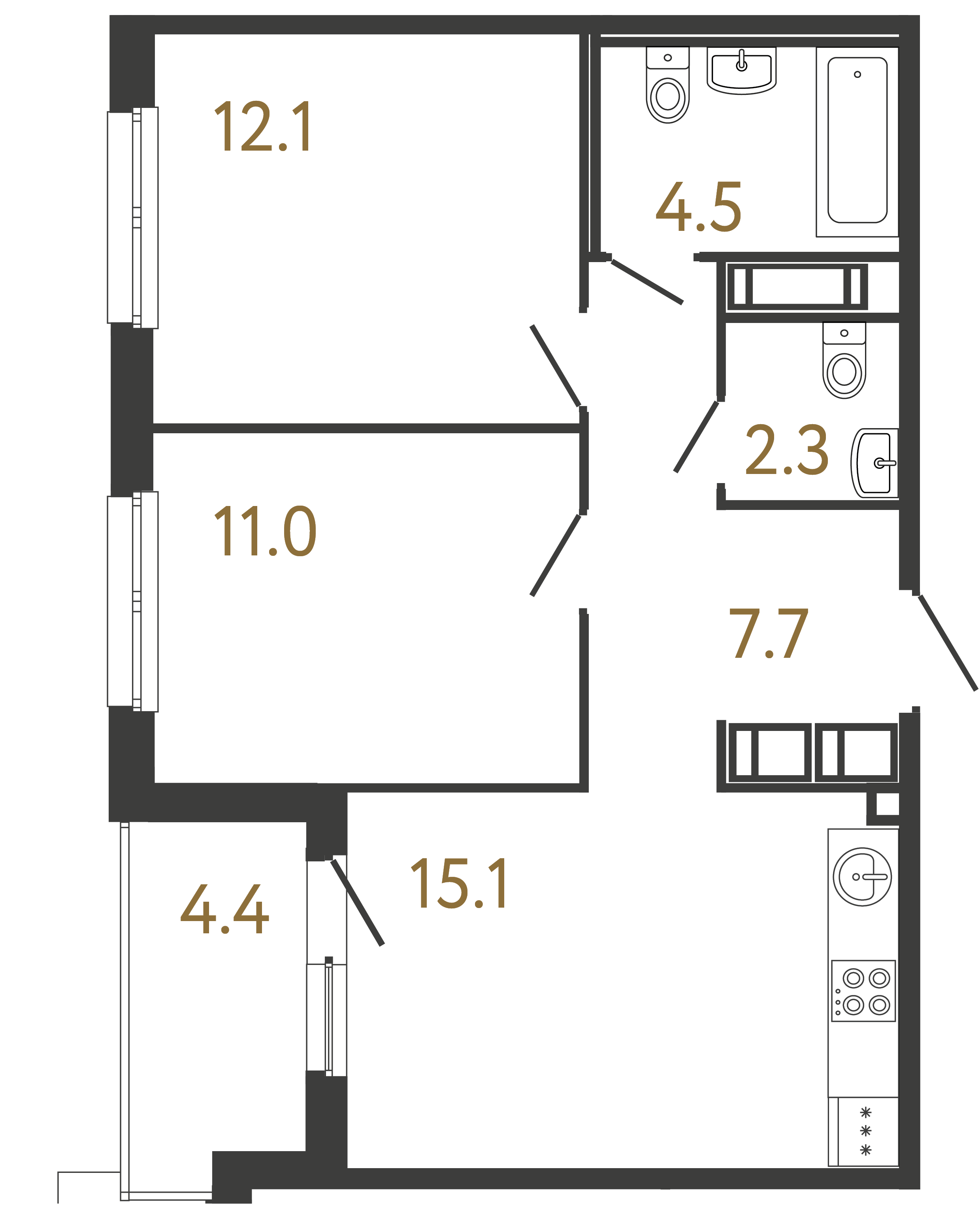 Двухкомнатная квартира 52.7 м²