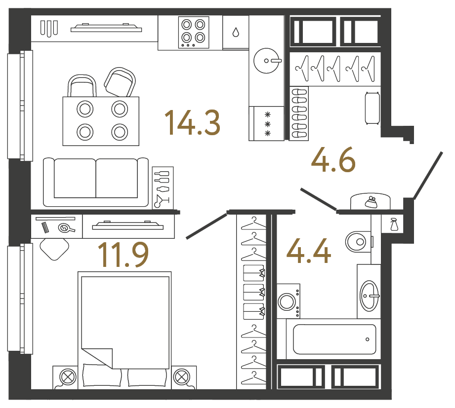 Однокомнатная квартира 35.2 м²