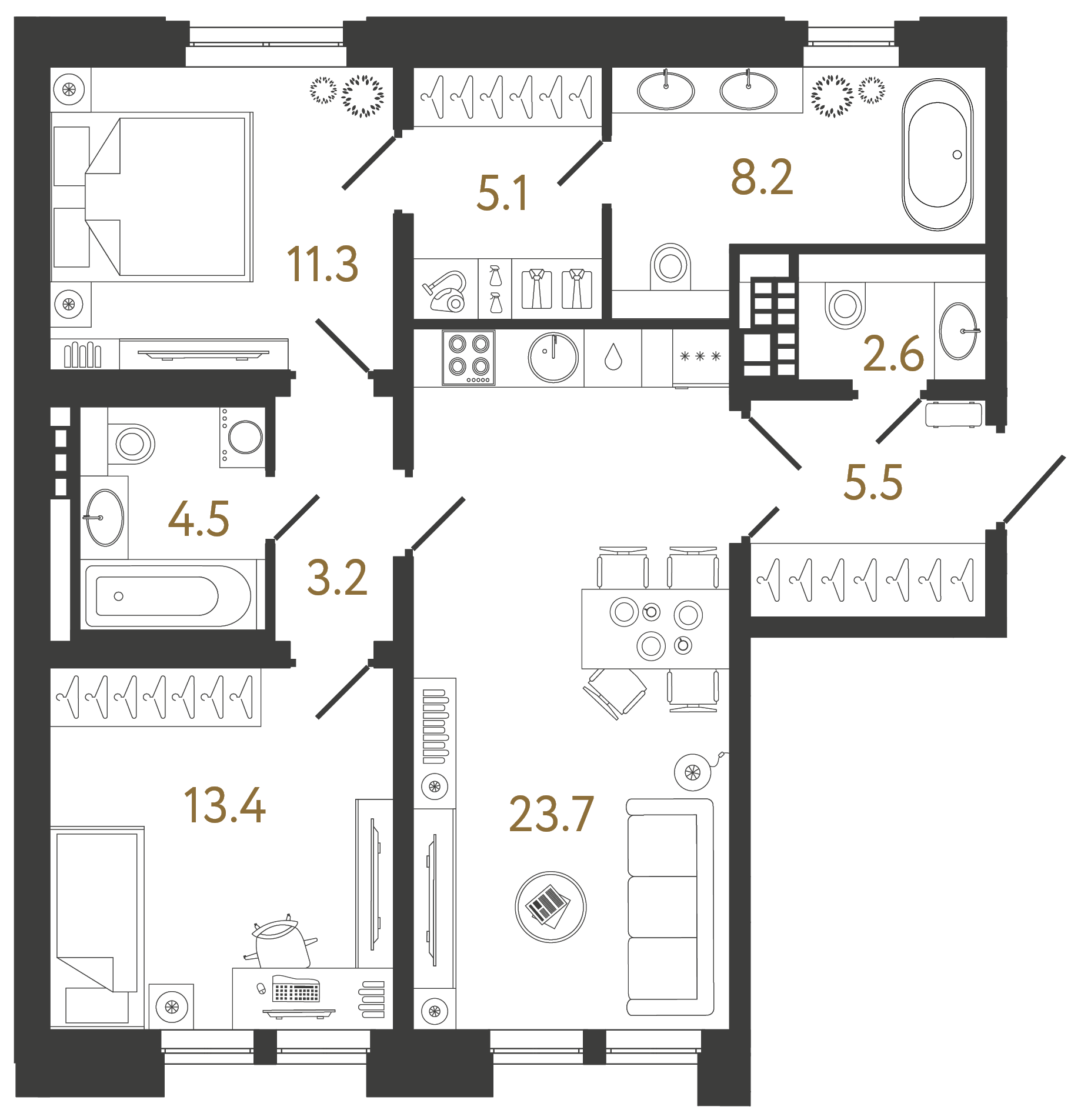 Двухкомнатная квартира 77.5 м²