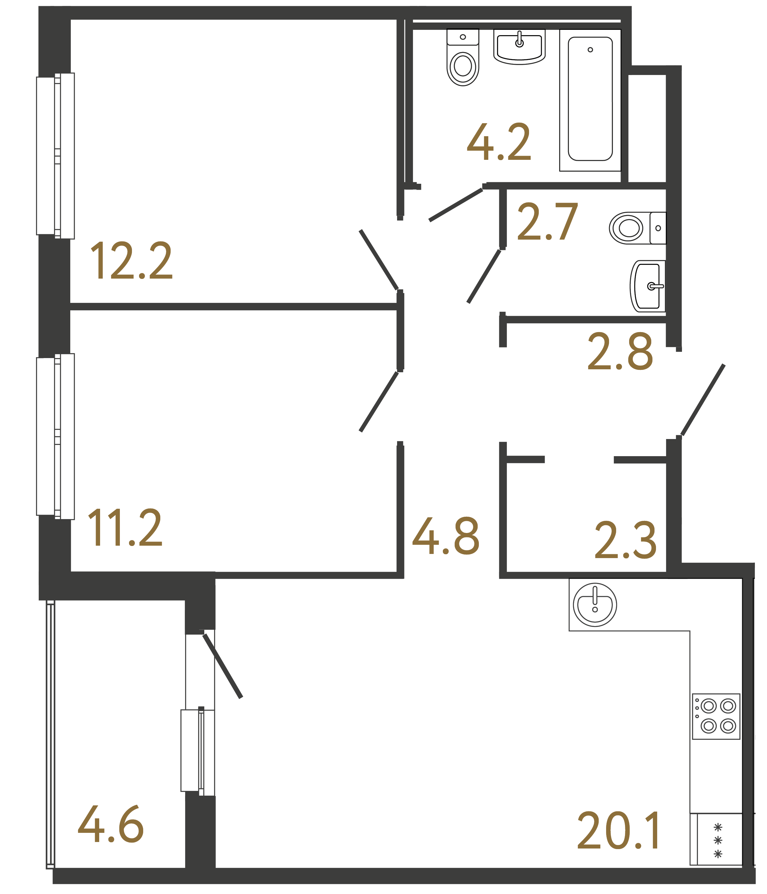 Двухкомнатная квартира 60.3 м²