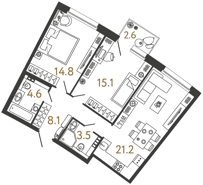 Двухкомнатная квартира 67.3 м²