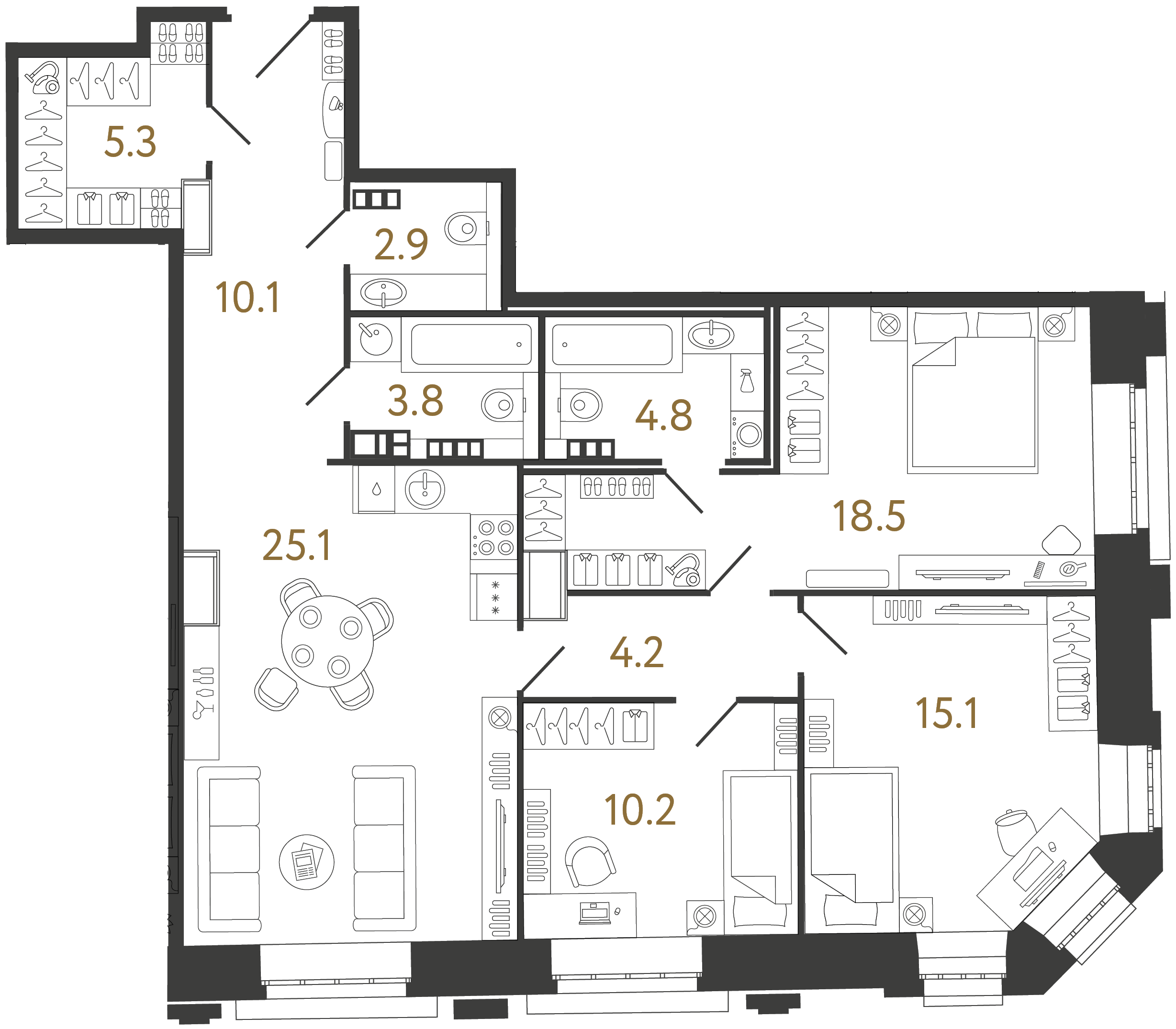 Трёхкомнатные апартаменты 100 м²