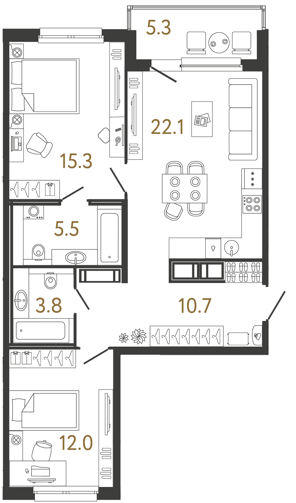 Двухкомнатная квартира 69.4 м²