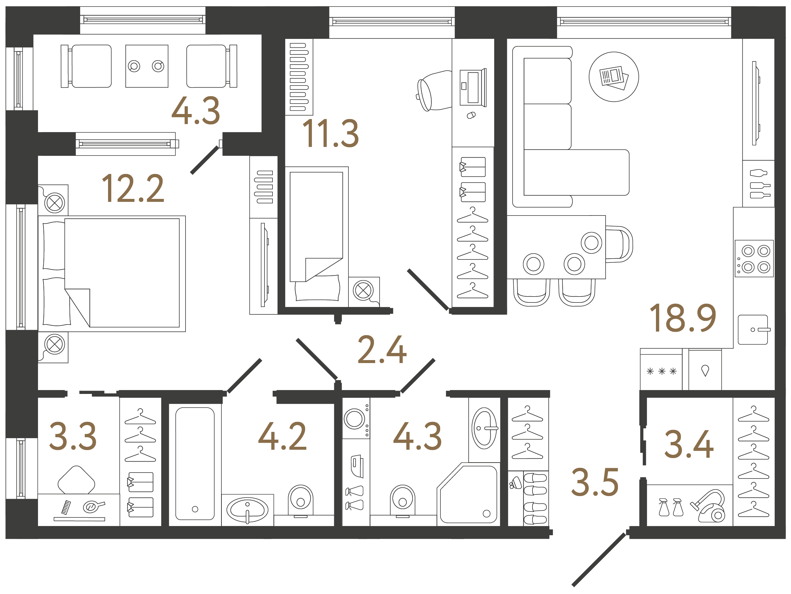 Двухкомнатная квартира 63.5 м²
