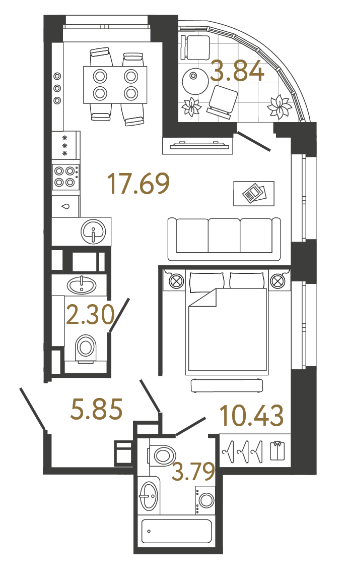 Однокомнатная квартира 40.07 м²
