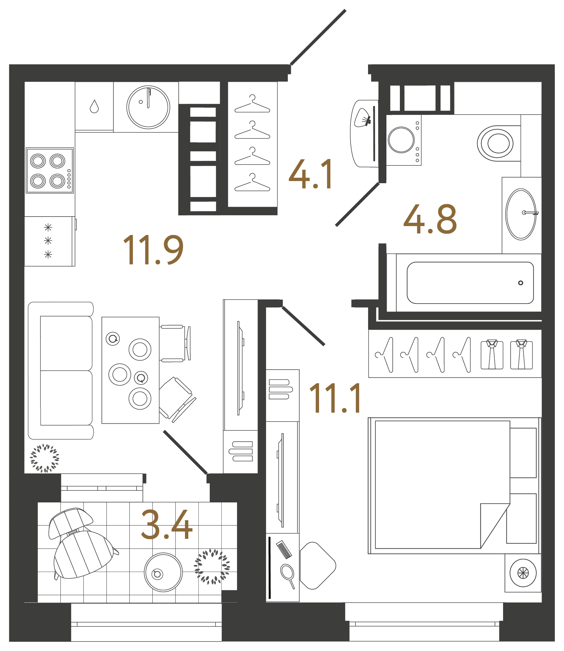 Однокомнатная квартира 31.9 м²