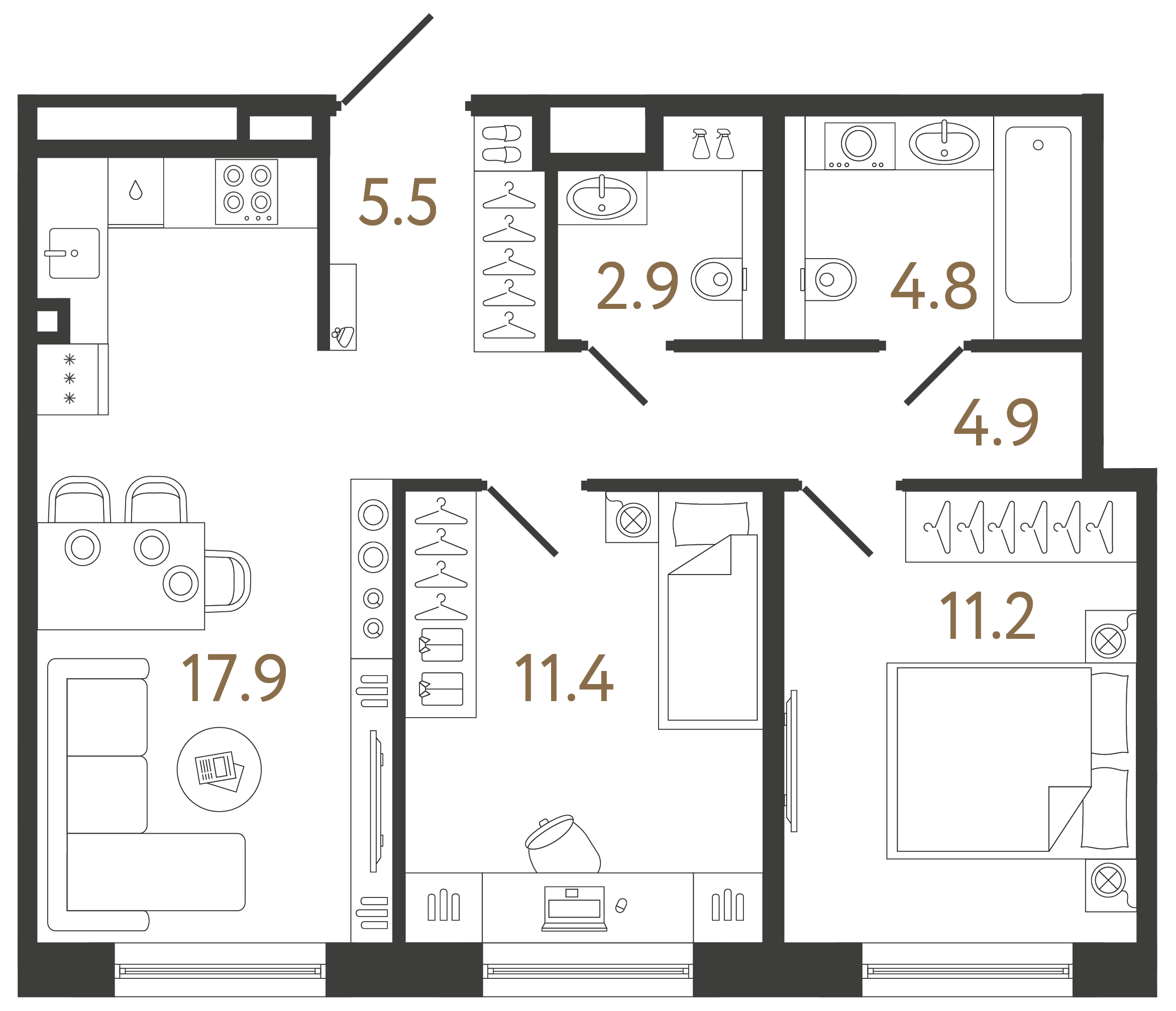 Двухкомнатная квартира 58.6 м²