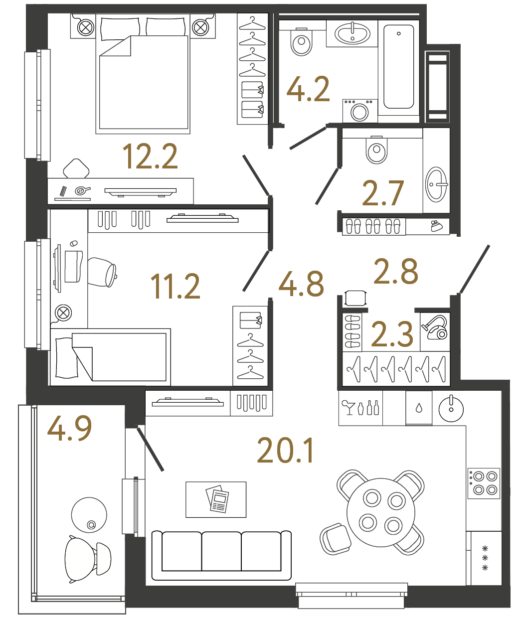 Двухкомнатная квартира 60.3 м²