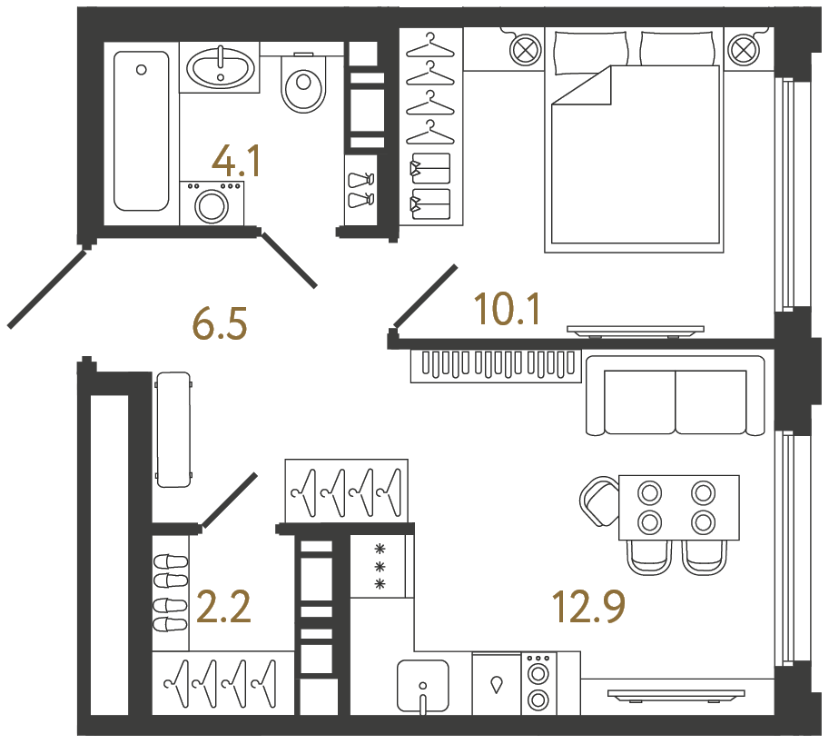Однокомнатная квартира 35.8 м²