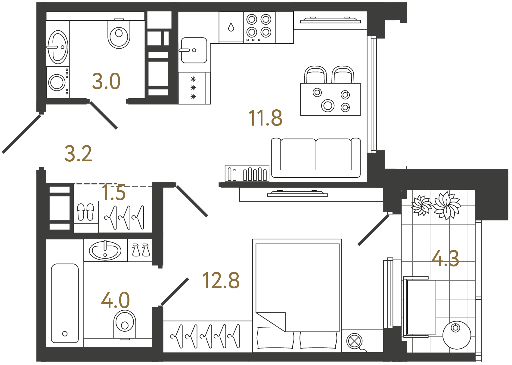 Однокомнатная квартира 36.3 м²