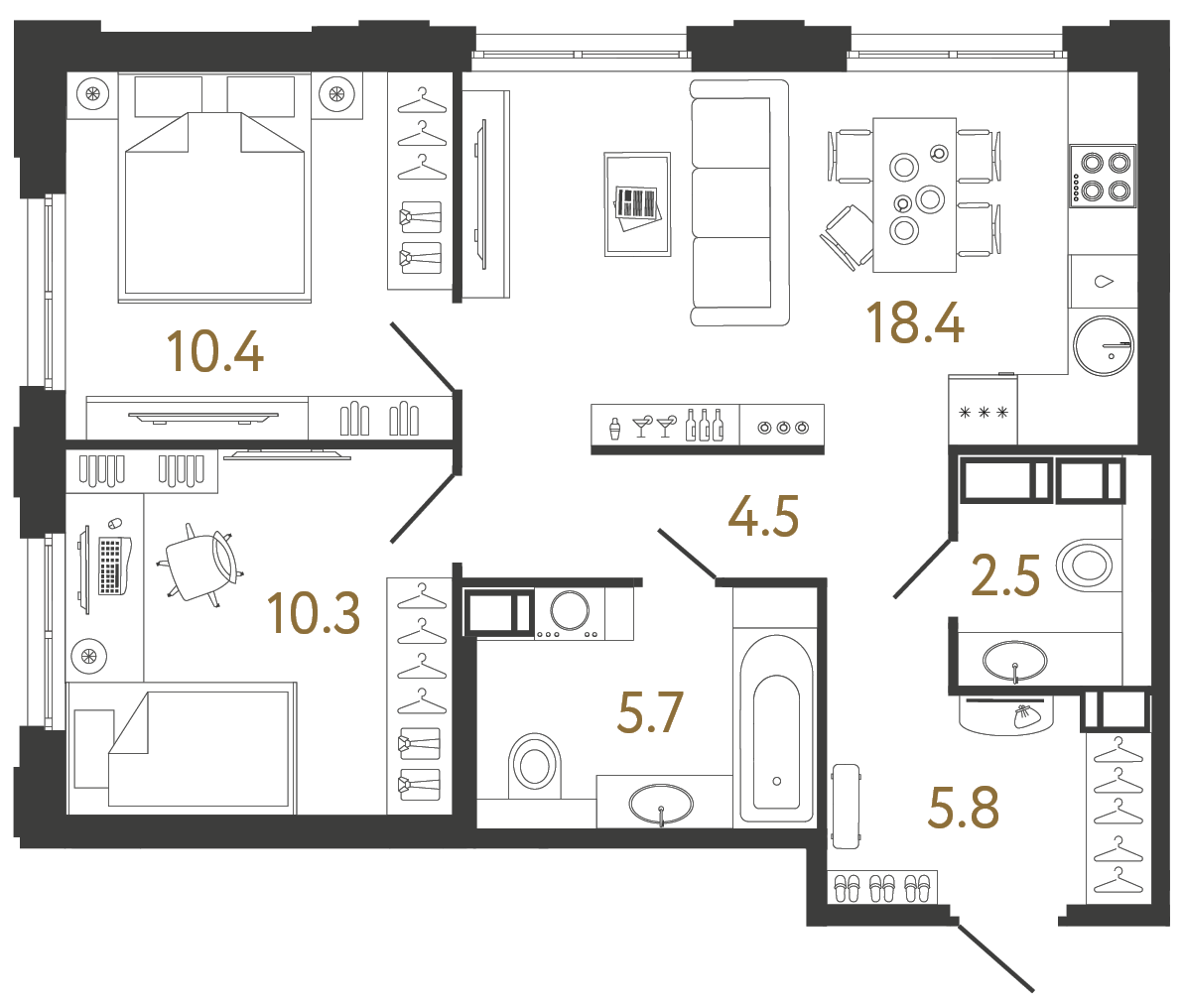 Двухкомнатная квартира 57.6 м²