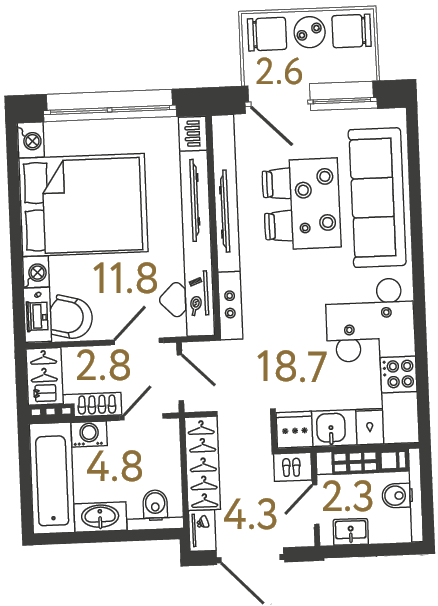 Однокомнатная квартира №28 в ЖК Цвет Зеленогорска - 44.7 м²
