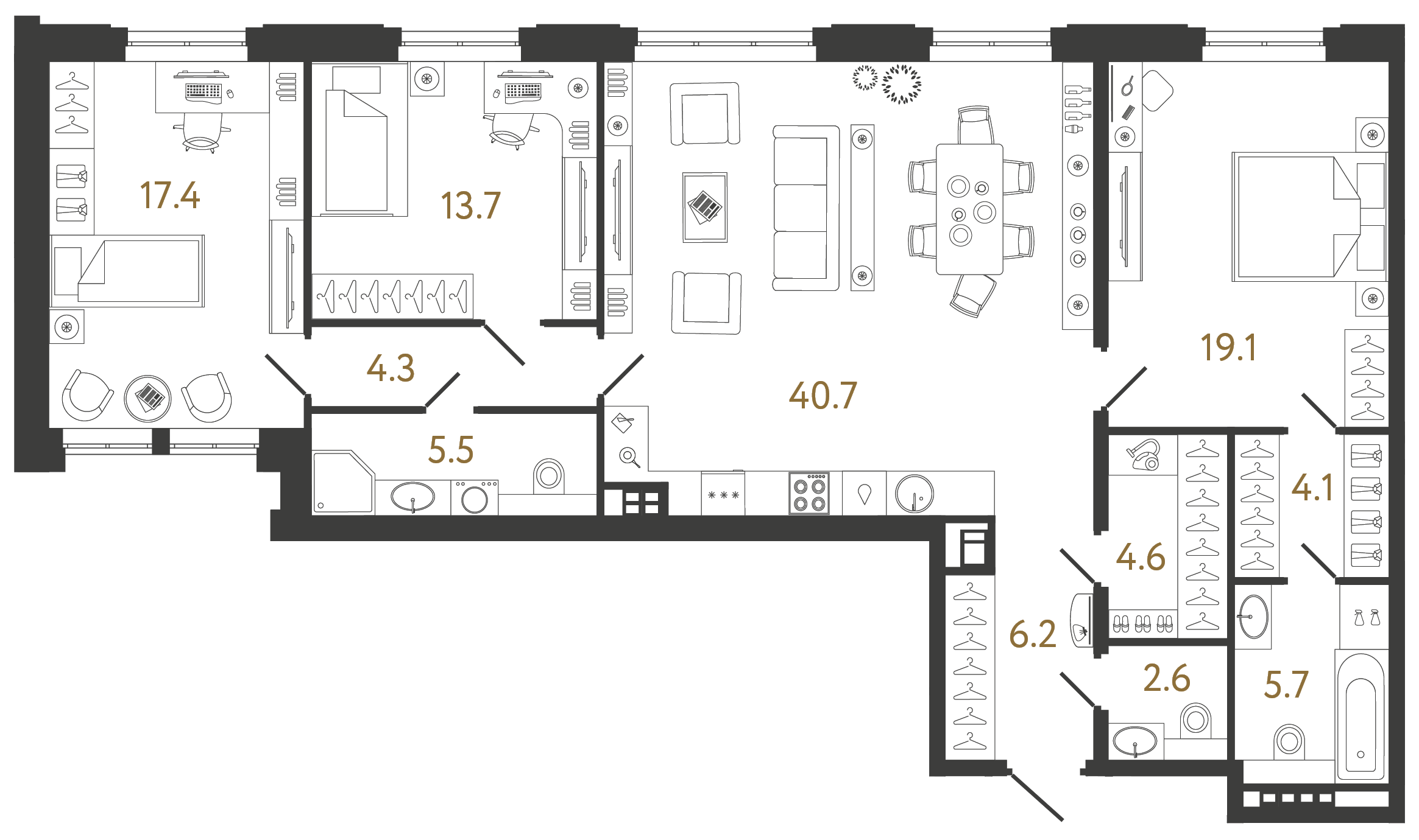 Трёхкомнатная квартира 123.9 м²