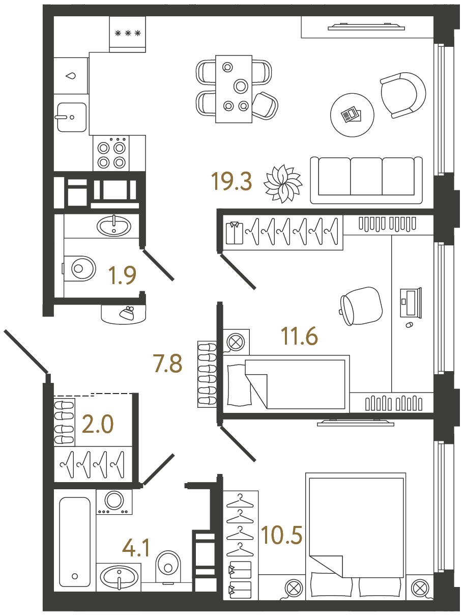 Двухкомнатная квартира 57.2 м²