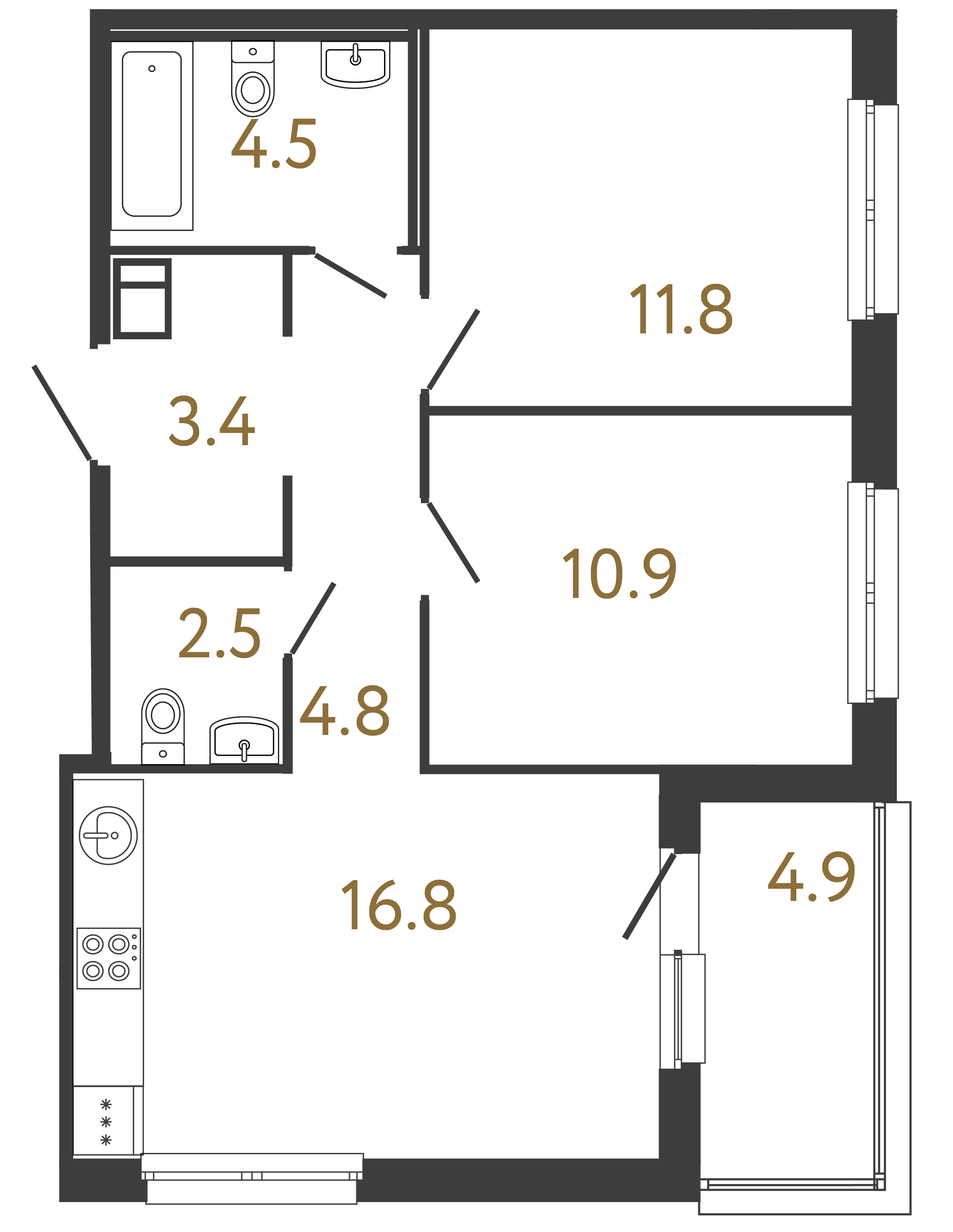Двухкомнатная квартира 54.7 м²