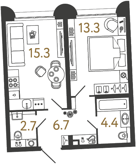 1-комнатная 42.4 м², 1 этаж