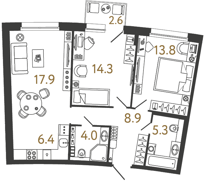2-комнатная 70.6 м², 2 этаж