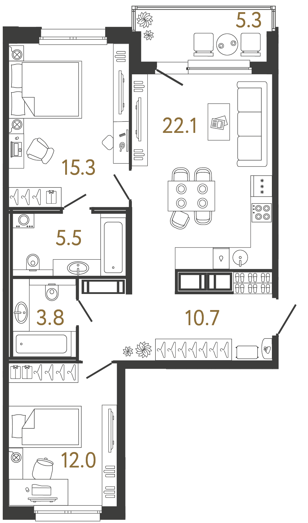Двухкомнатная квартира 69.4 м²