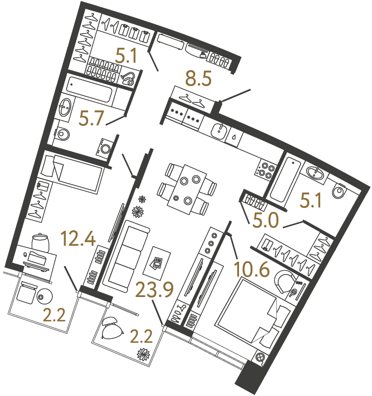 Двухкомнатная квартира 76.3 м²