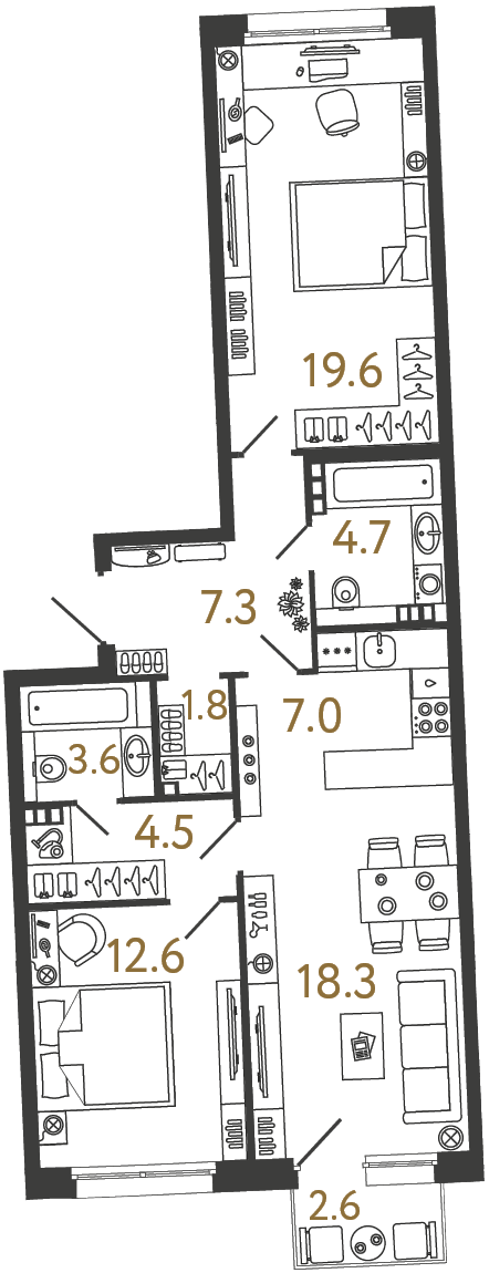 Двухкомнатная квартира 79.4 м²