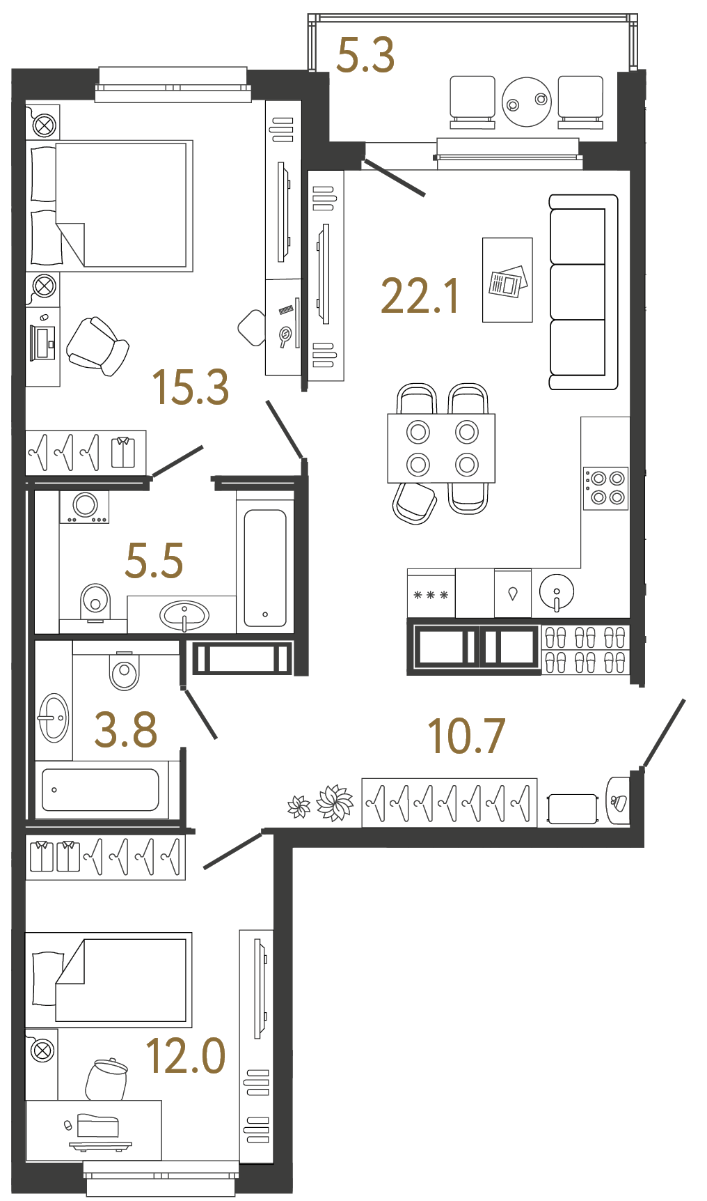 Двухкомнатная квартира 69.4 м²