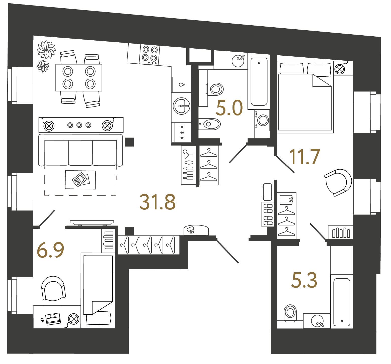 Двухкомнатные апартаменты 60.7 м²