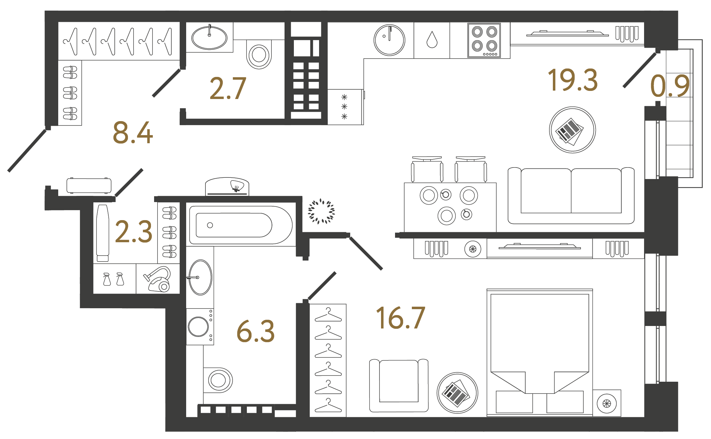 Однокомнатная квартира 55.7 м²