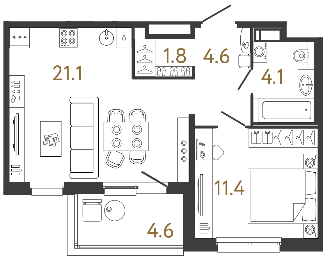Однокомнатная квартира 43 м²