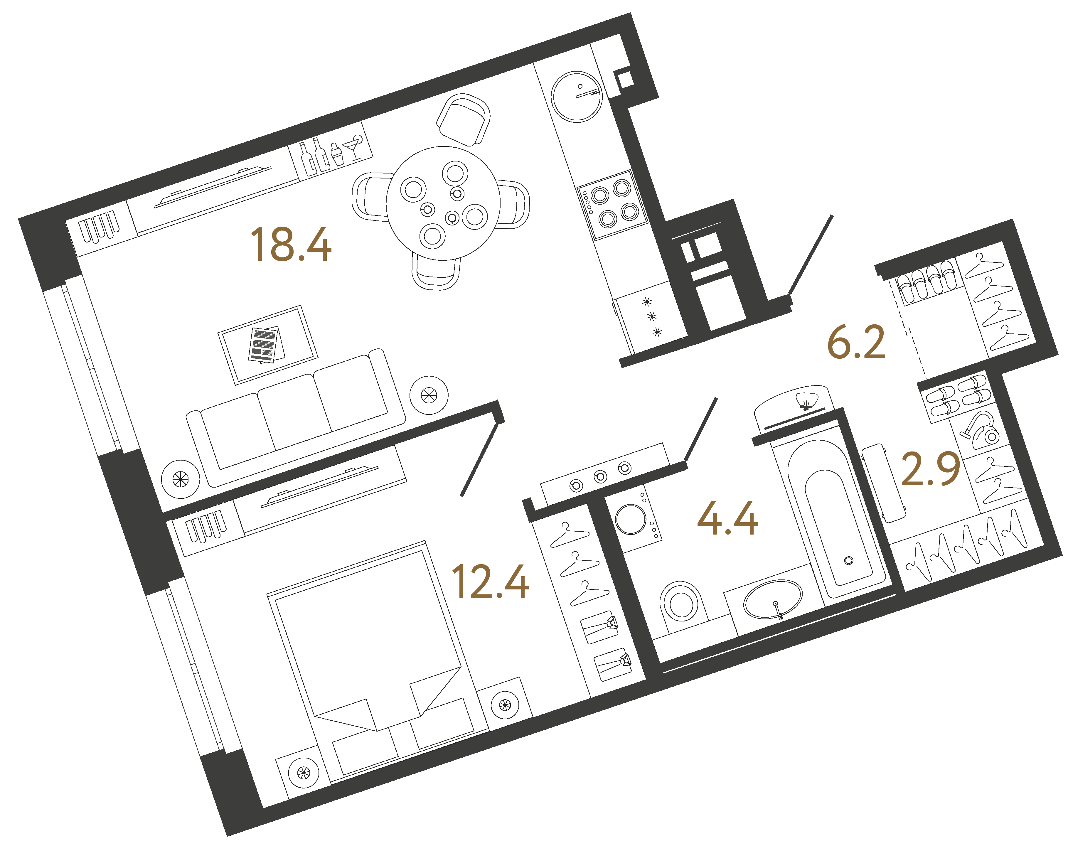 Однокомнатная квартира 44.3 м²