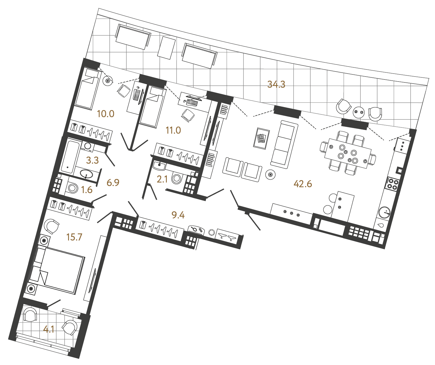 Трёхкомнатная квартира 102.6 м²