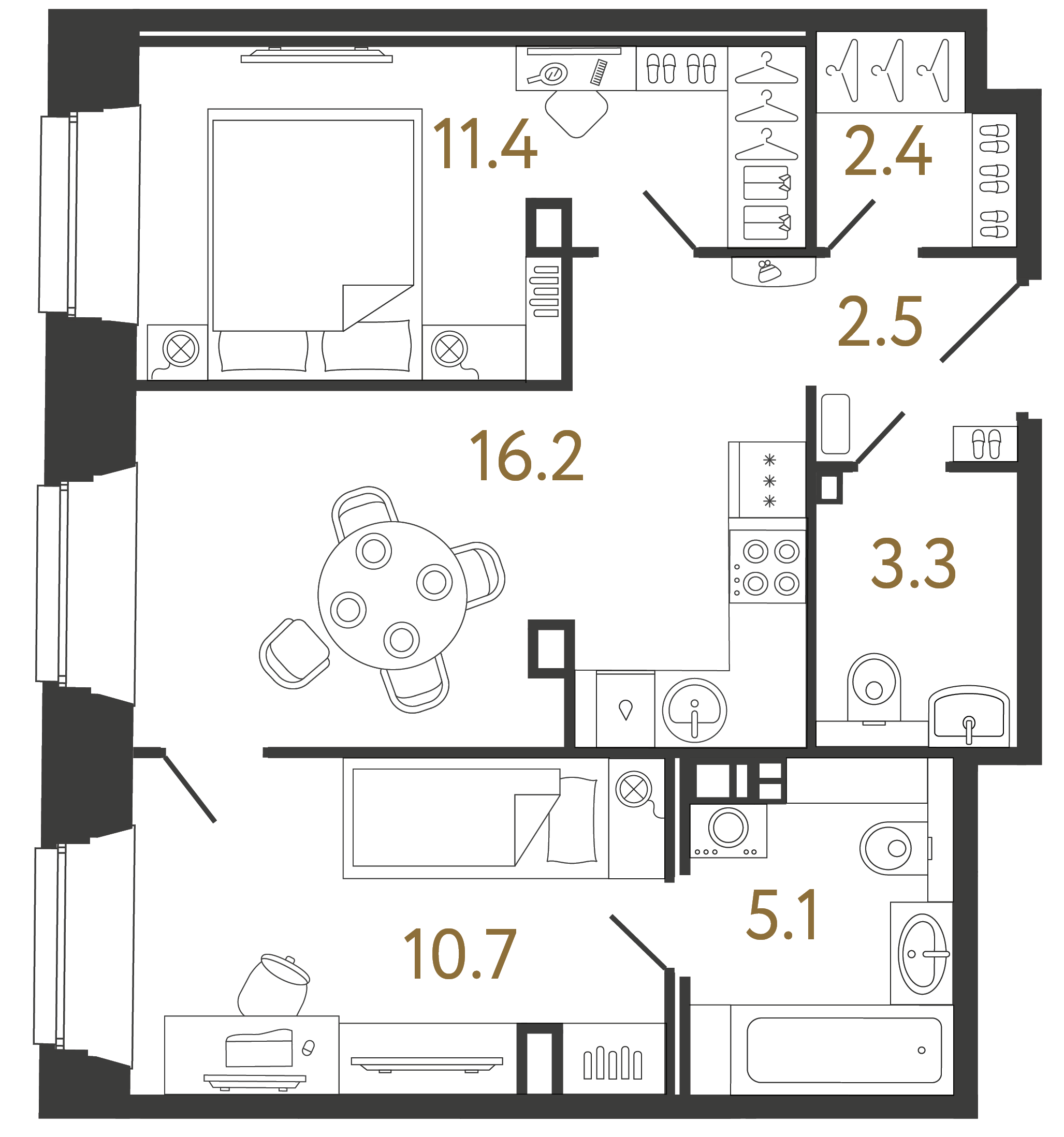 Двухкомнатные апартаменты 51.6 м²