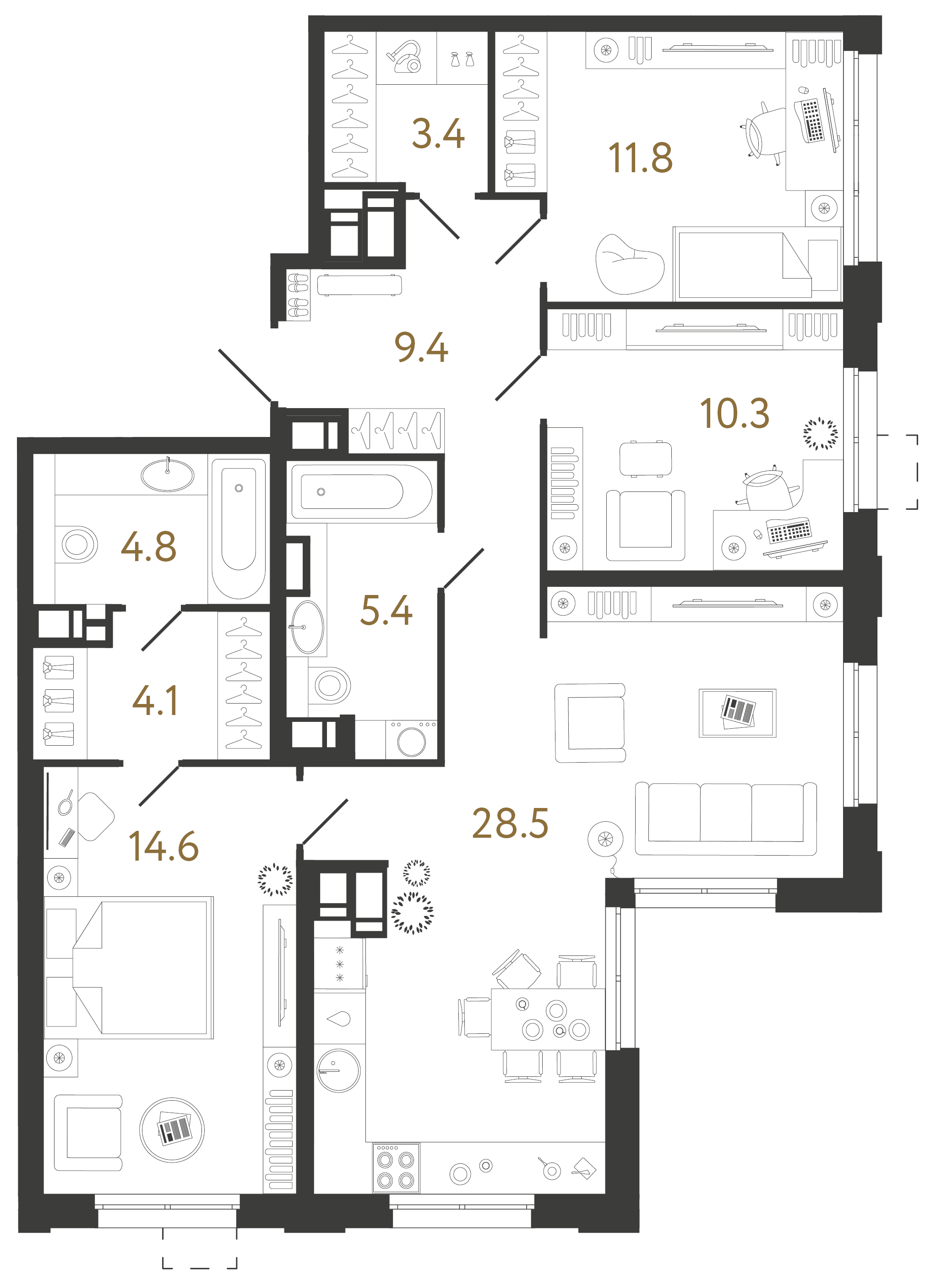 Трёхкомнатная квартира 92.3 м²