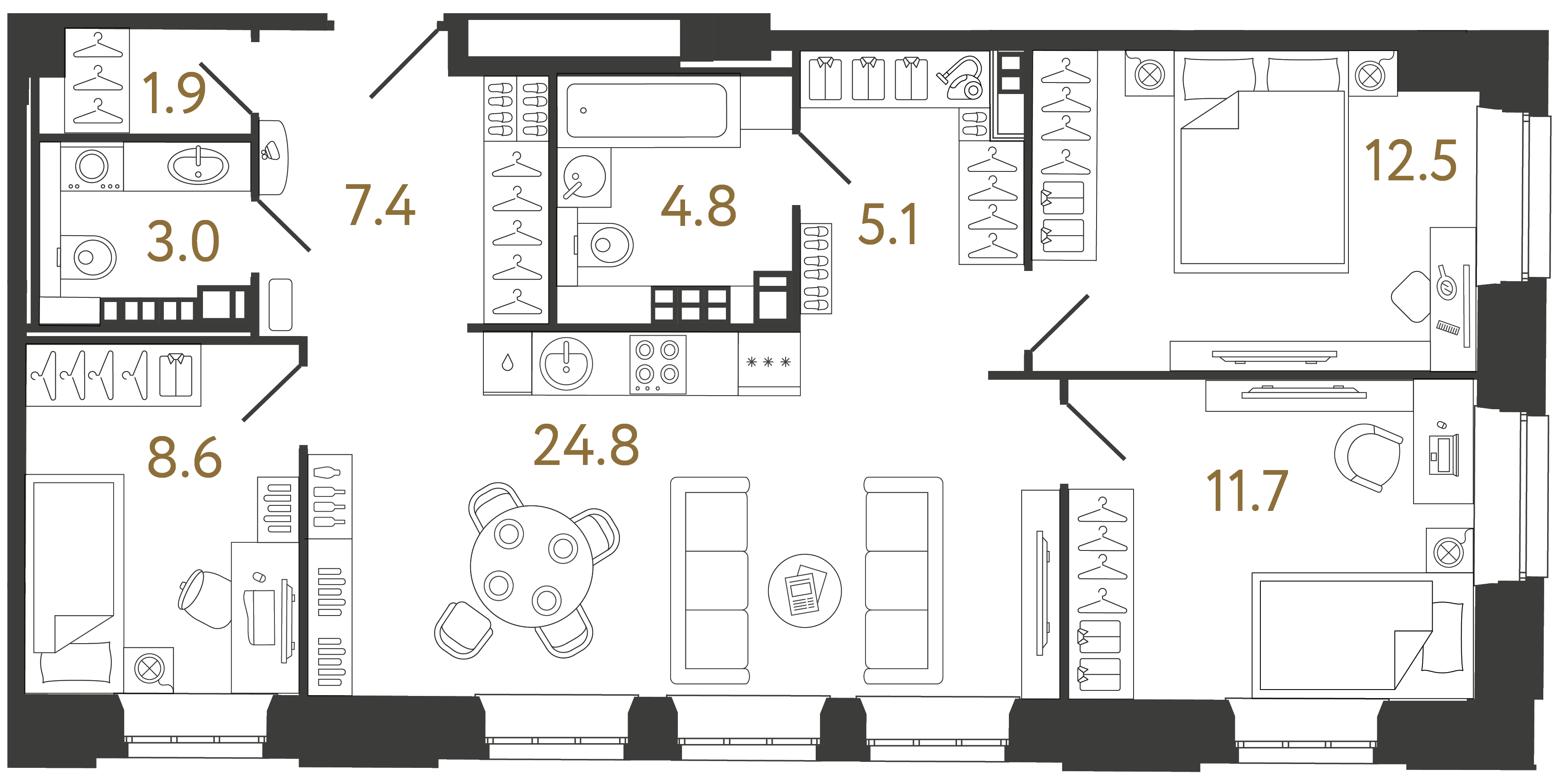 Трёхкомнатные апартаменты 79.8 м²