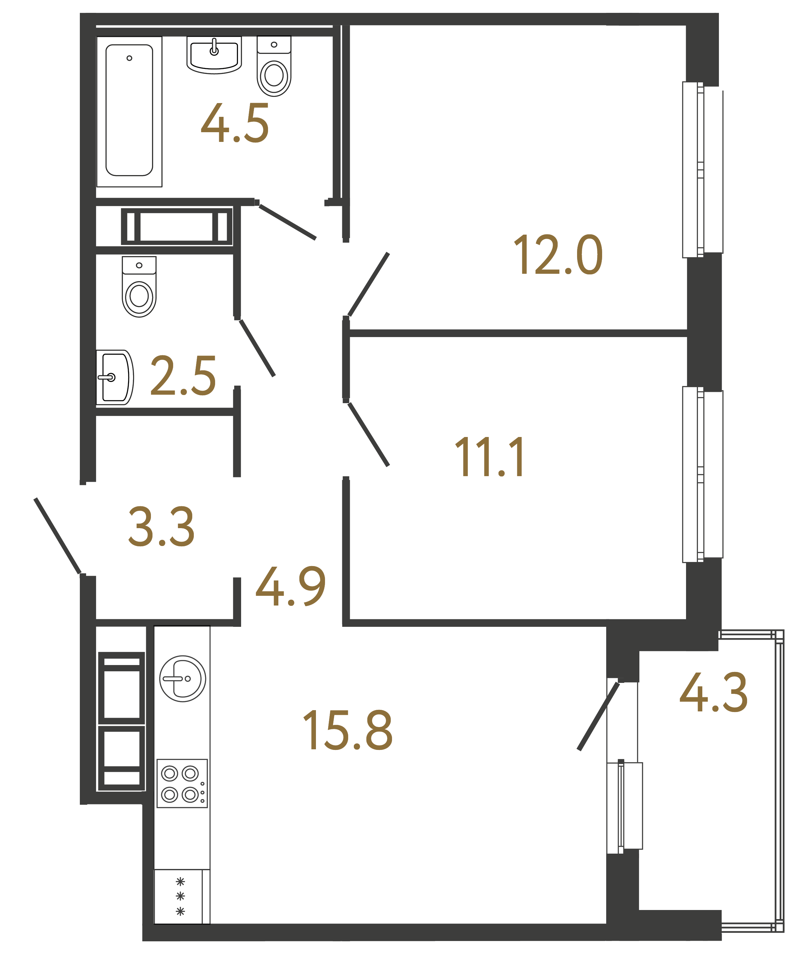 Двухкомнатная квартира 54.1 м²