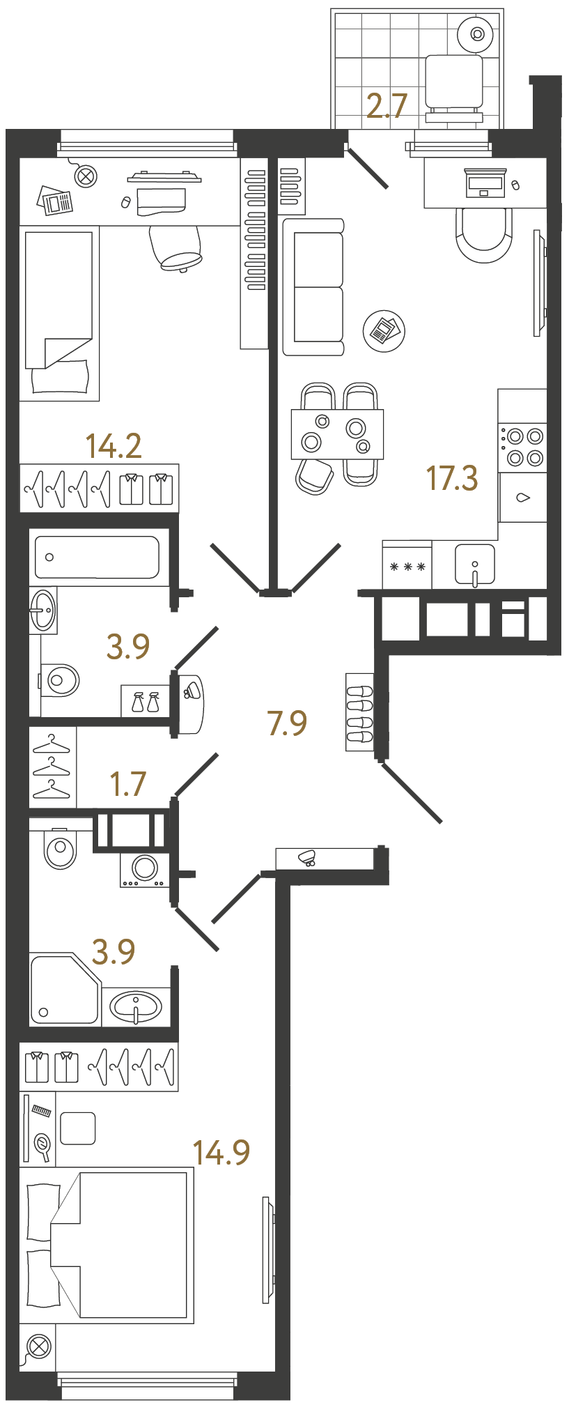 Двухкомнатная квартира 63.8 м²