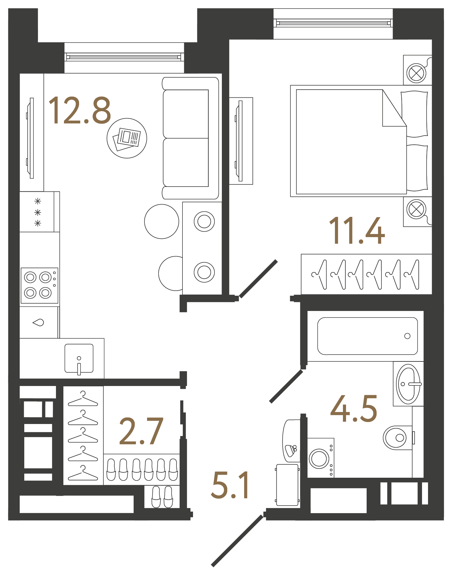 Однокомнатная квартира 36.5 м²