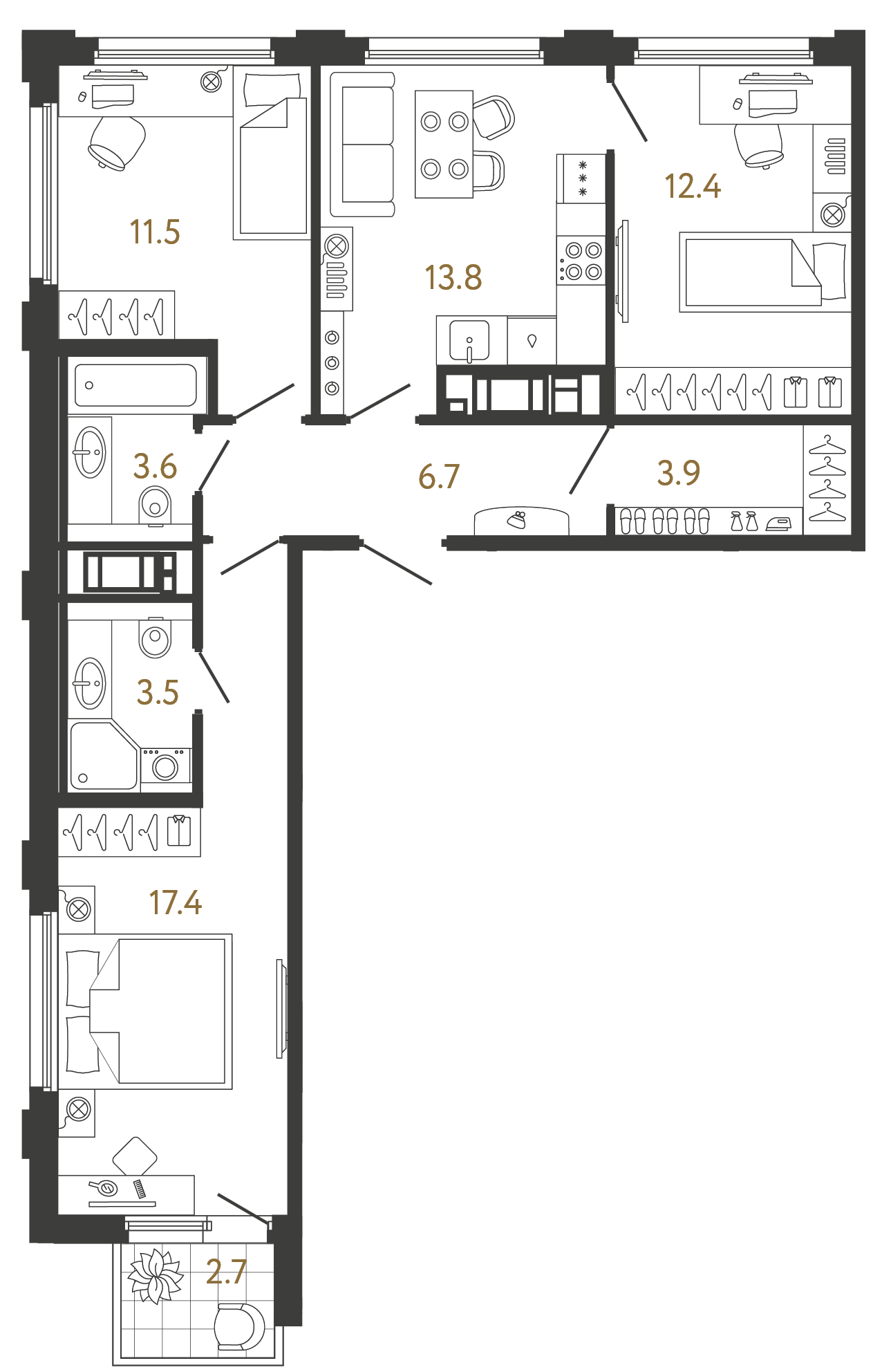 Трёхкомнатная квартира 72.8 м²