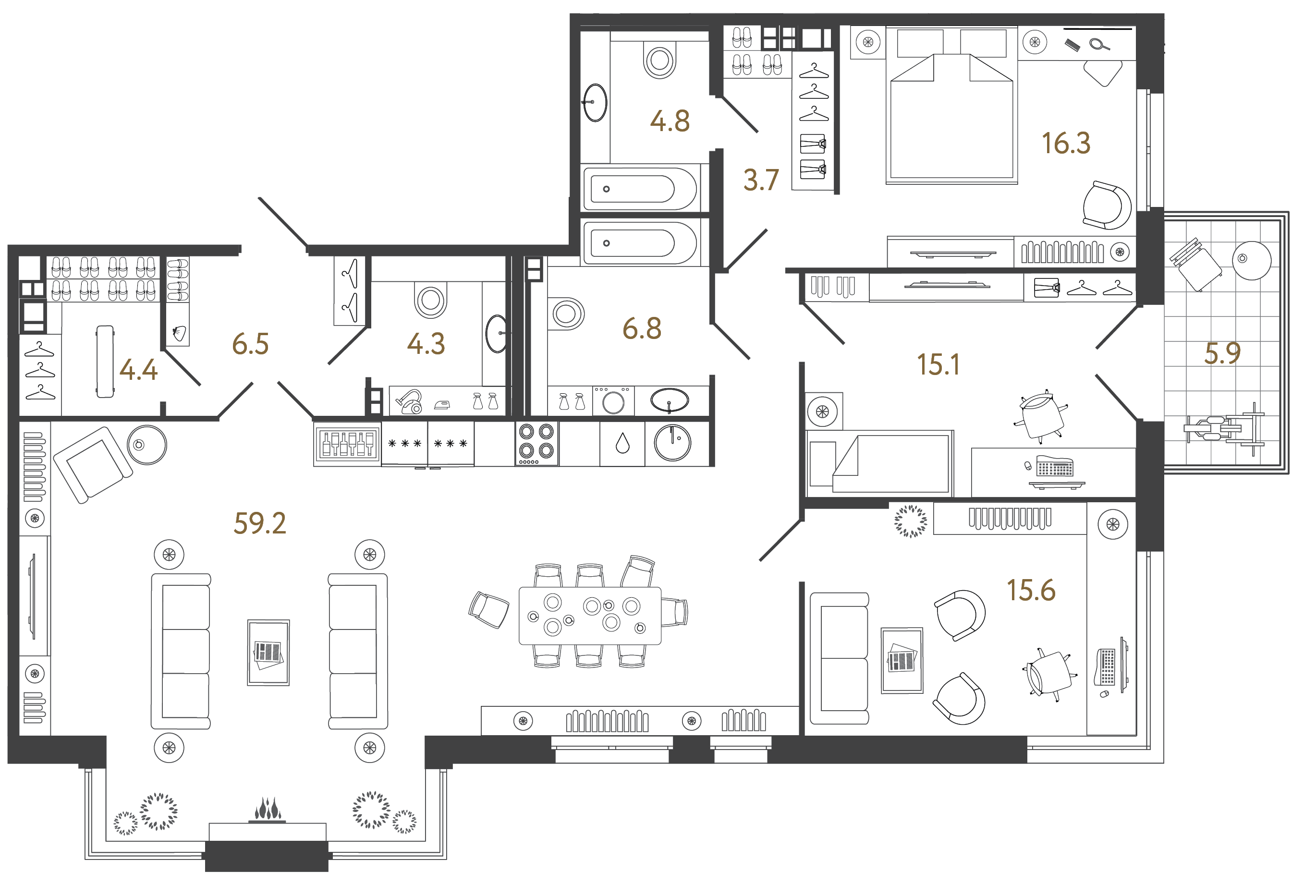 Трёхкомнатный номер 136.7 м²