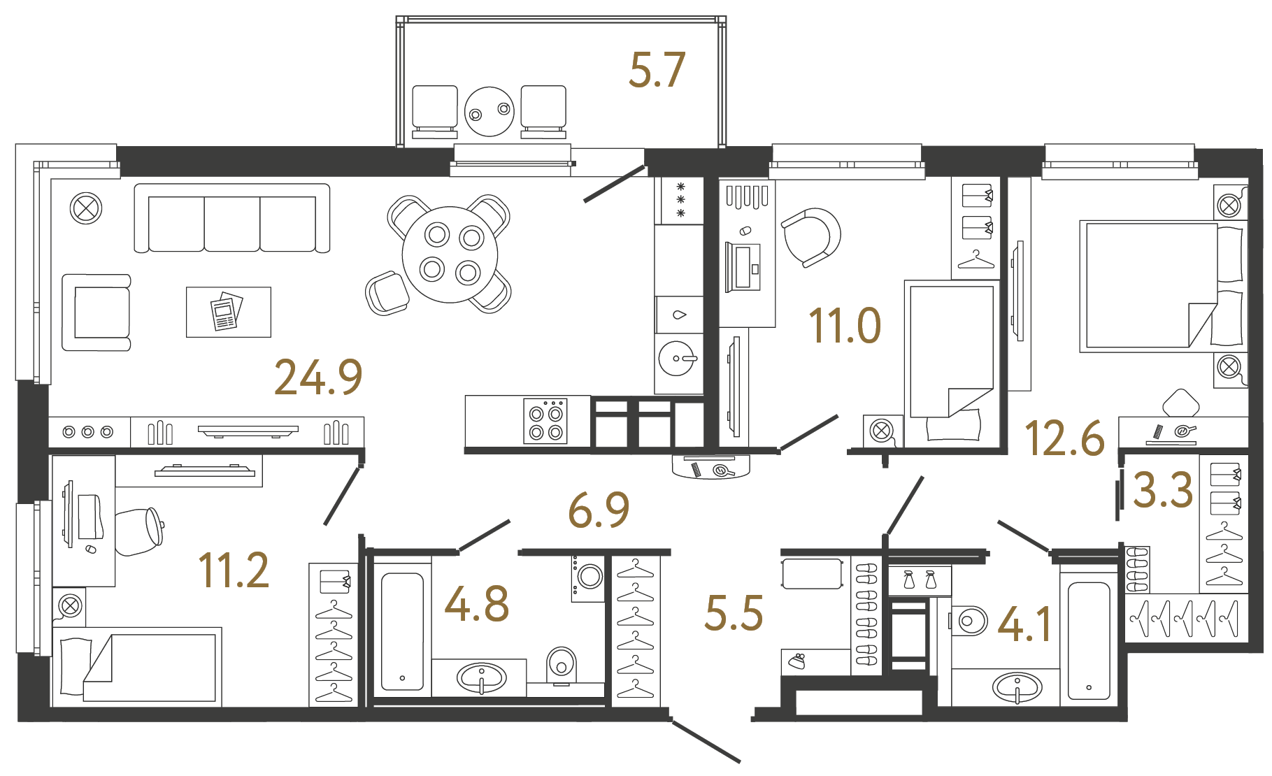 Трёхкомнатная квартира 84.3 м²