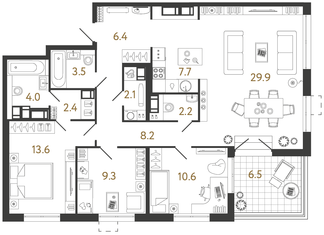 Трёхкомнатная квартира 99.9 м²