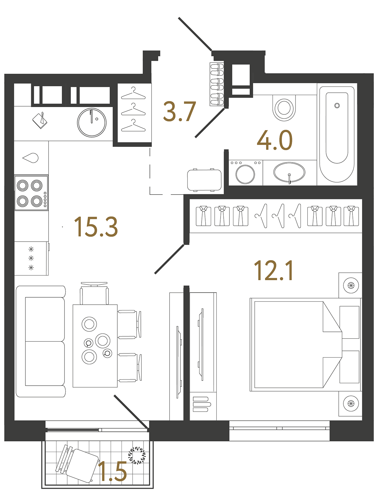 Однокомнатная квартира 35.1 м²